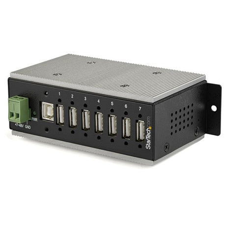 7-Port Industrial USB 2.0 Hub with durable metal housing, ESD protection, and flexible mounting options for reliable device connectivity.