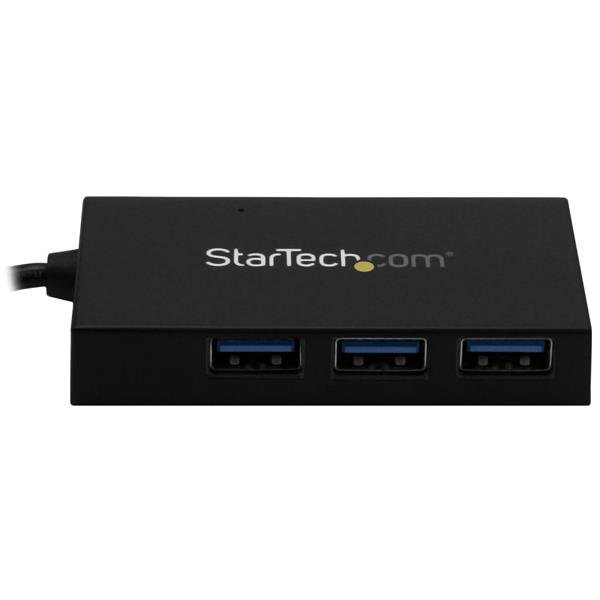 4 Port USB Hub with 3 USB-A and 1 USB-C ports, featuring fast data transfer and power adapter for versatile device connectivity.