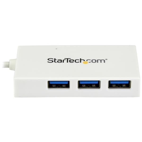 4-Port USB-C Hub featuring 1 USB-C and 3 USB-A ports for easy connectivity with laptops and peripherals, ideal for travel.