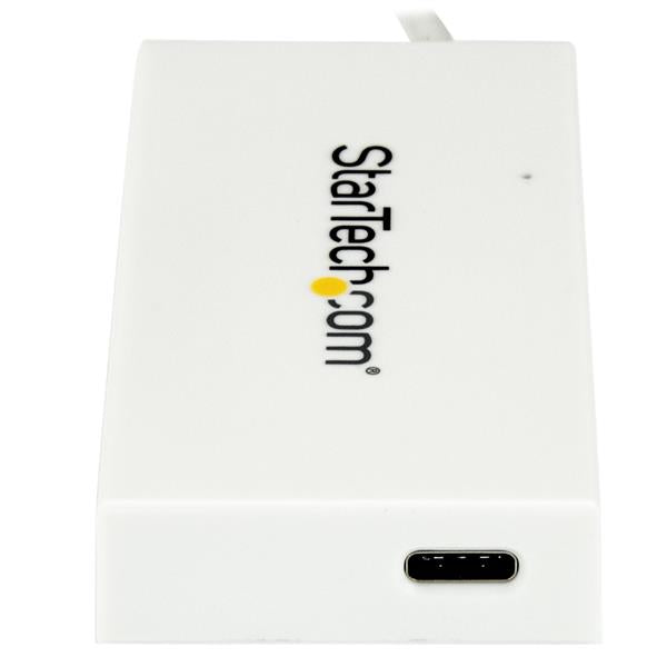 4-Port USB-C Hub in white, featuring 1 USB-C and 3 USB-A ports for easy connectivity with laptops and peripherals.