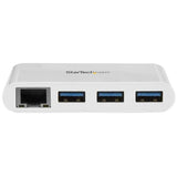 3-port USB-C hub in white with Gigabit Ethernet for reliable wired internet and USB-A device connections.