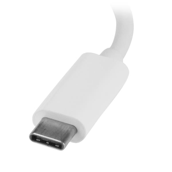 3-Port USB-C Hub in white providing 3 USB-A ports and Gigabit Ethernet for versatile connectivity on-the-go.