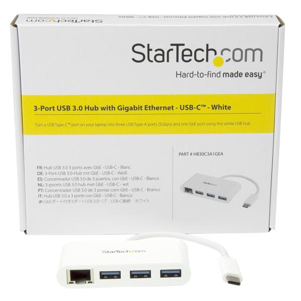 3-Port USB-C Hub in white for connecting USB-A devices and Gigabit Ethernet, perfect for laptops like MacBook Pro.