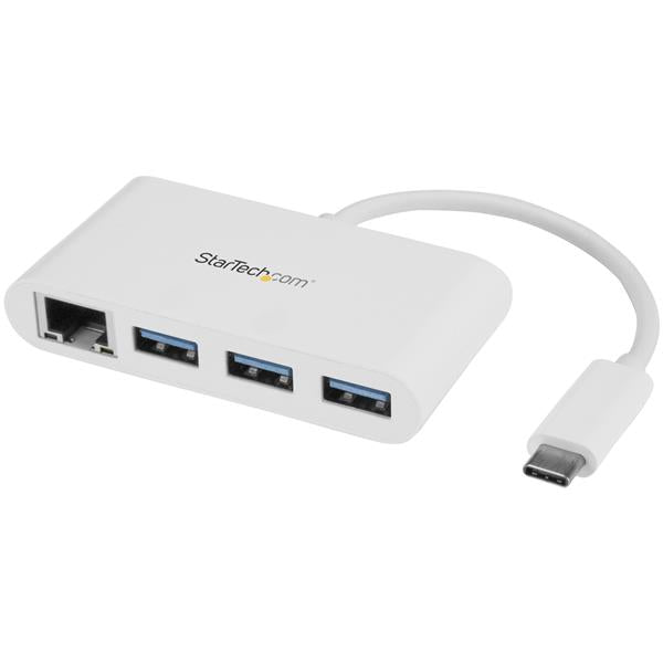 3-Port USB-C Hub in white, featuring Gigabit Ethernet and 3 USB-A ports for versatile connectivity and high-speed data transfer.