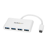 4-Port USB-C Hub transforming one USB-C port into four USB-A ports, ideal for connecting multiple devices without extra power.