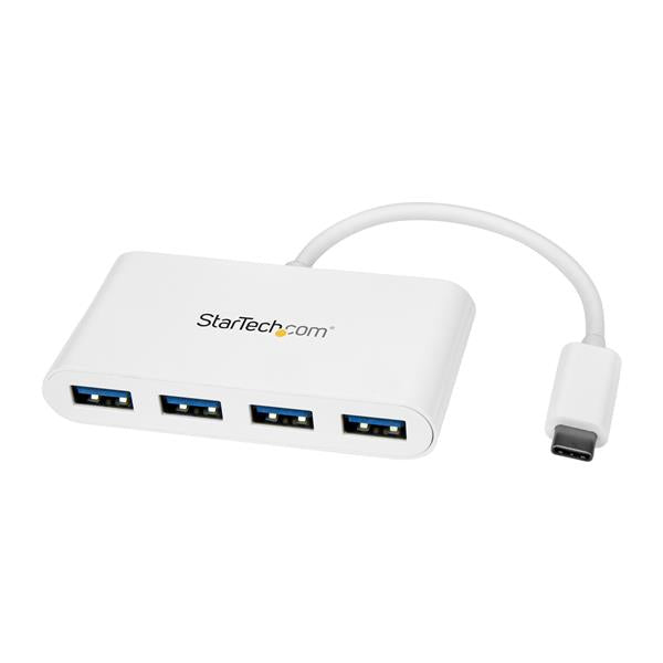 4-Port USB-C Hub transforming one USB-C port into four USB-A ports, ideal for connecting multiple devices without extra power.