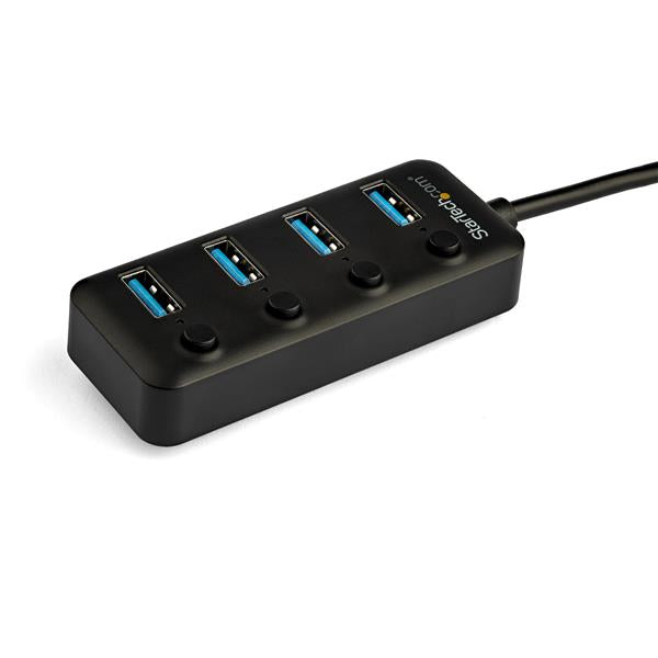 Compact 4-Port USB-C Hub with 4 USB-A ports, individual power switches for efficient device management and easy portability.