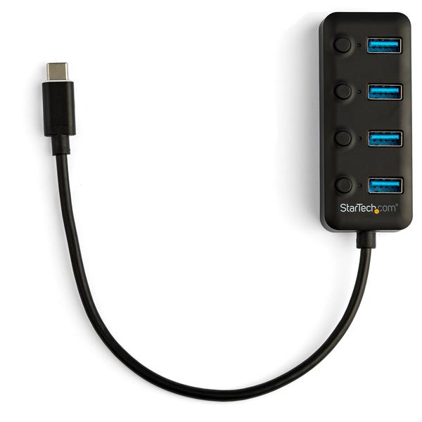 4-Port USB C Hub with 4 USB-A ports and individual switches for easy power management and seamless device connectivity.