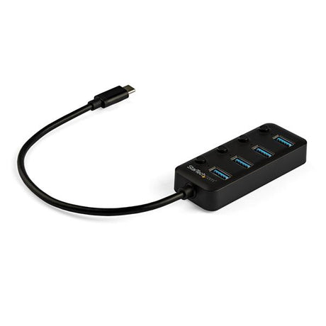 Compact 4-Port USB C Hub with 4 USB-A ports and individual power switches for easy connectivity and energy savings.