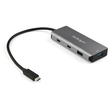 4-Port USB-C Hub with 2x USB-A and 2x USB-C ports, offering 10Gbps data transfer speeds and compact design for easy travel.