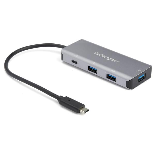 4-Port USB-C Hub with 3 USB-A and 1 USB-C, offering 10Gbps transfer speeds, compact design, and built-in cable for easy connectivity.