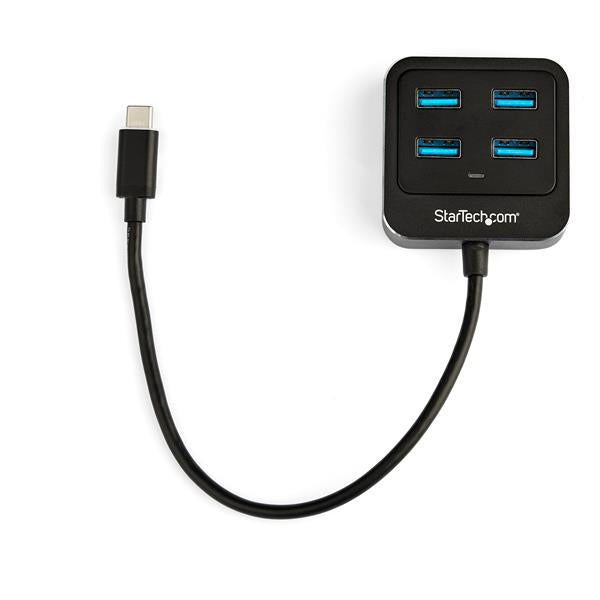 4-Port USB-C Hub in black with 4 USB-A ports, compact design, 10 Gbps speed, ideal for enhancing laptop connectivity.