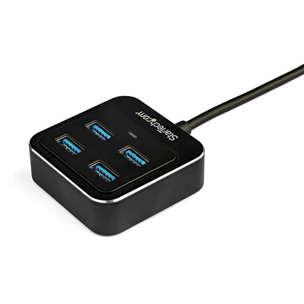 4-Port USB-C hub in black, features 4 USB-A ports, 10 Gbps data transfer, compact design for seamless connectivity.