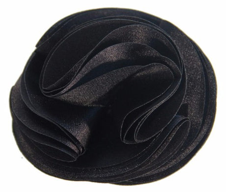 Black satin flower fascinator, 8.5cm, perfect for weddings and events; versatile as a brooch or hat decoration.