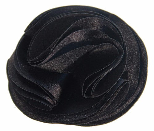 Black satin flower fascinator, 8.5cm, perfect for weddings and events; versatile as a brooch or hat decoration.