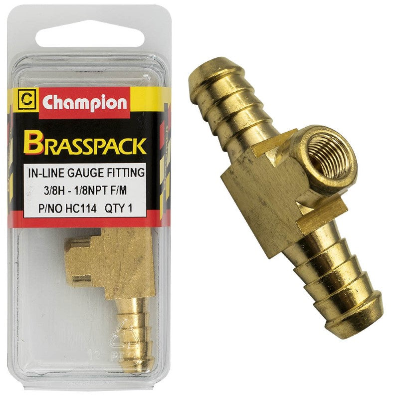 Brass in-line gauge fitting with 3/8in hose connection to 1/8in NPT female thread, ideal for plumbing and gauge applications.