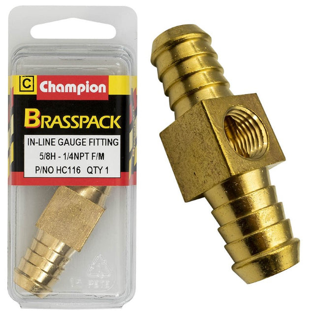 Brass in-line gauge fitting with 5/8in hose connection and 1/4in NPT thread, ideal for plumbing and fluid transfer.