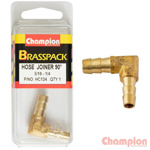 Brass 90° hose joiner elbow reducer, connecting 5/16" to 1/4" hoses for reliable, leak-free plumbing.