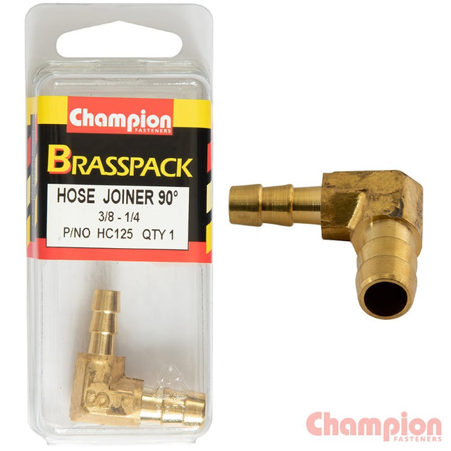 90° brass hose joiner elbow reducer connects 3/8" to 1/4" hoses, perfect for tight spaces in plumbing projects.