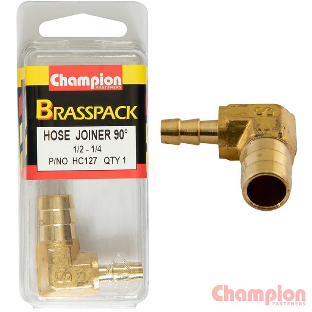 Brass 90-degree barb elbow hose joiner reducer for connecting 1/2 inch to 1/4 inch hoses, ideal for plumbing and gardening.