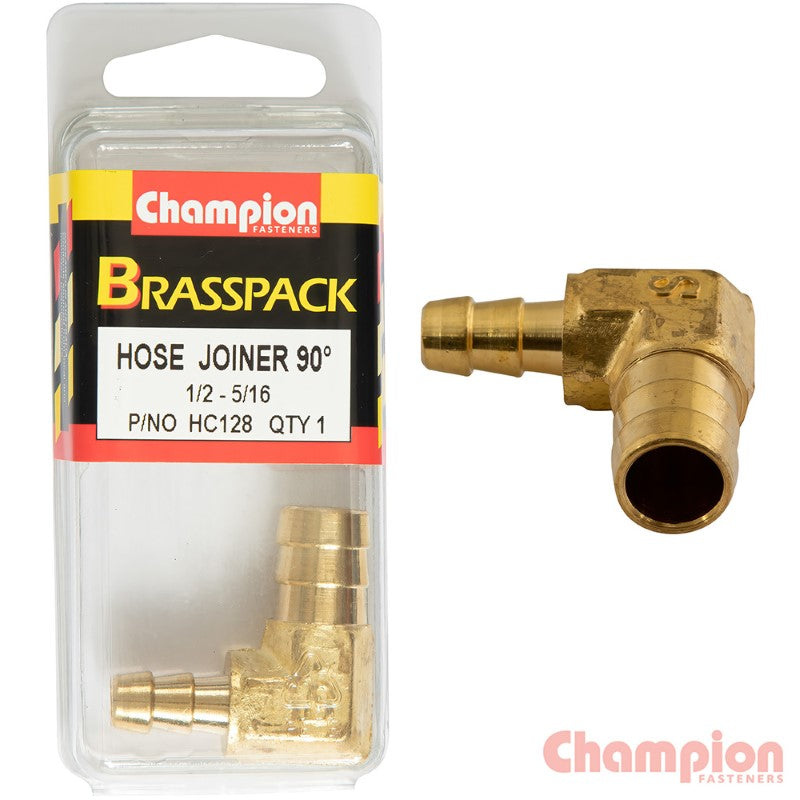 90-degree brass hose joiner connector, designed for 1/2-inch and 5/16-inch hoses, ideal for plumbing and irrigation projects.
