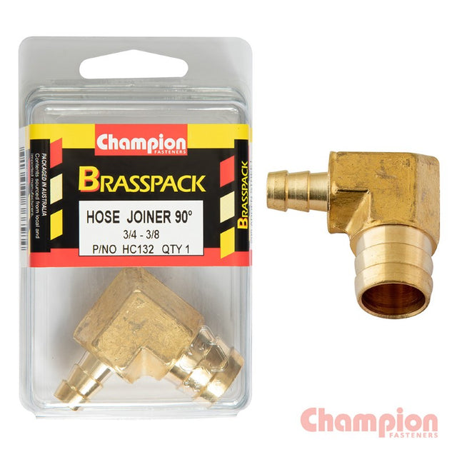 Brass 90-degree hose joiner reducer, connects 3/4" to 3/8" hoses for reliable, leak-free plumbing solutions.