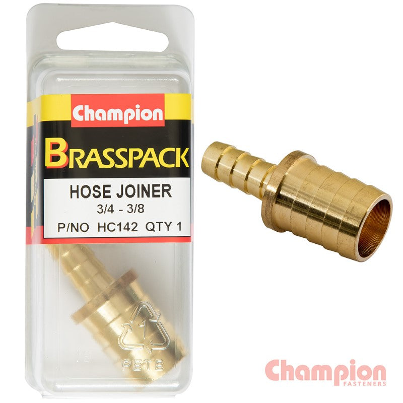 Brass hose joiner reducing from 3/4 inch to 3/8 inch, ensuring leak-proof connections for garden hoses.