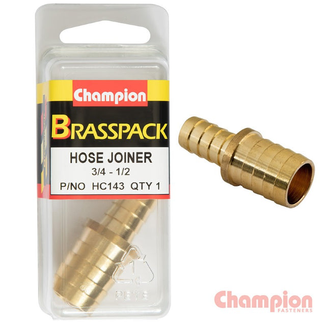 Brass hose joiner reducing from 3/4 to 1/2 inch, ideal for gardening and plumbing, ensuring durable and reliable connections.