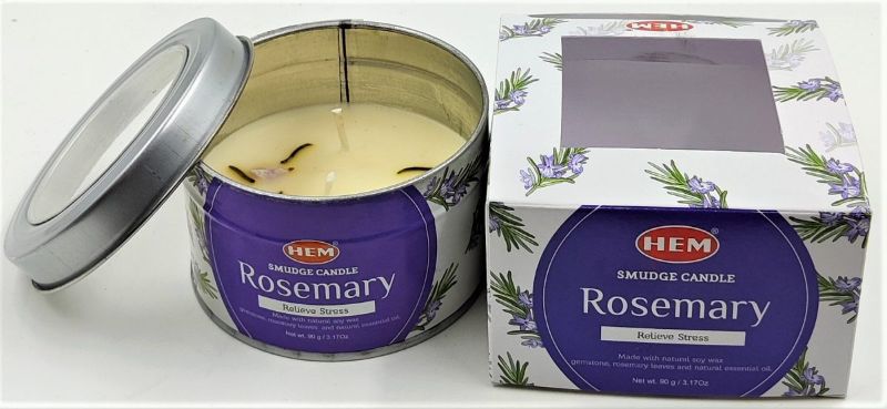 Smudge Candle in a stylish tin, infused with rosemary for mental clarity and relaxation, ideal for self-care rituals.