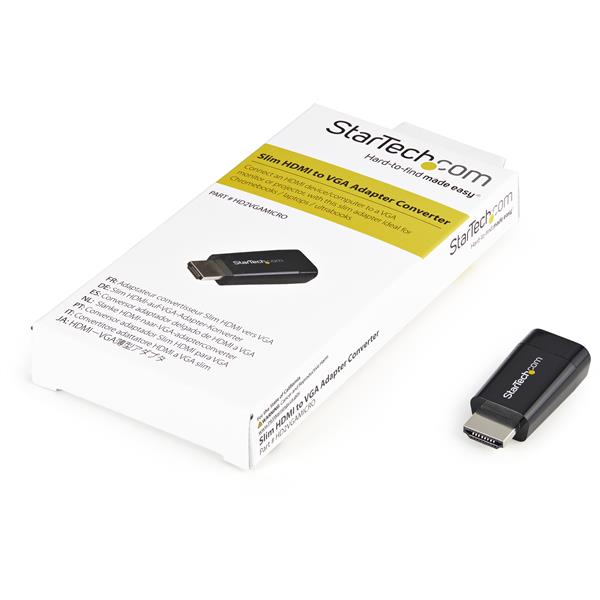 HDMI to VGA adapter converter with plug-and-play feature for connecting laptops to VGA monitors, supports 1080p resolution.