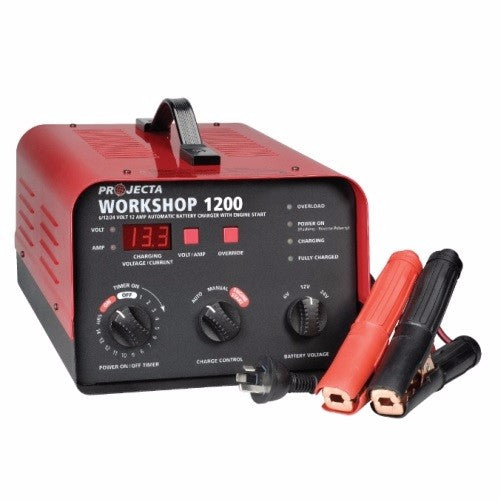 Projecta 6/12/24V 12000mA battery charger with auto/manual options and quick 5-minute jump-start feature.