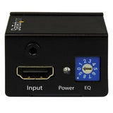 HDMI Signal Booster allowing 115 ft. connections with 1080p resolution; features equalization, compact design, and no power needed.