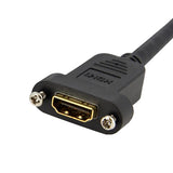 91 cm HDMI cable with male and panel mount female connectors for secure, high-speed audio and video connections.