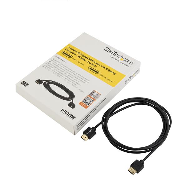 Premium HDMI cable (1.8m) with gripping connectors for 4K@60Hz, supports HDR and 32 audio channels, ensuring stable connections.