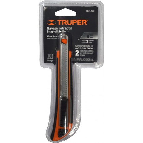 Truper utility knife with 9mm SK4 steel snap-off blades, ergonomic ABS body, automatic blade change, and safety lock.