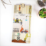 Growth chart ruler with a construction site theme, crafted from premium pine veneer, perfect for tracking children's growth.