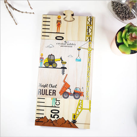 Growth chart ruler with a construction site theme, crafted from premium pine veneer, perfect for tracking children's growth.