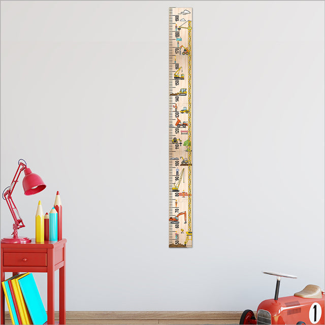 Wooden growth chart ruler with construction site design, measuring 195cm for tracking child's growth milestones.