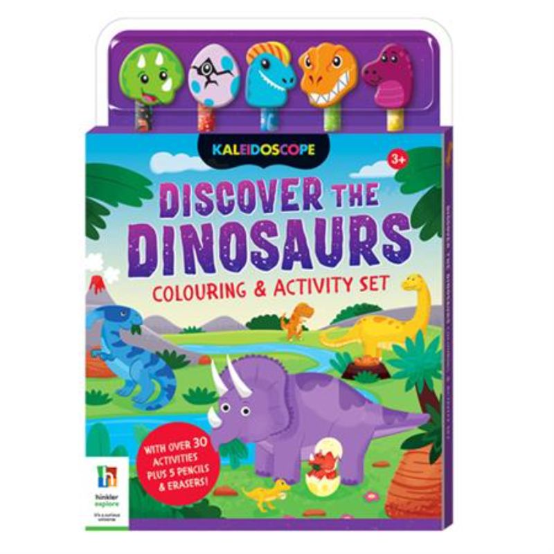 Colouring set featuring 5 dinosaur-themed pencils and illustrated erasers, with a 64-page activity book for creative fun.