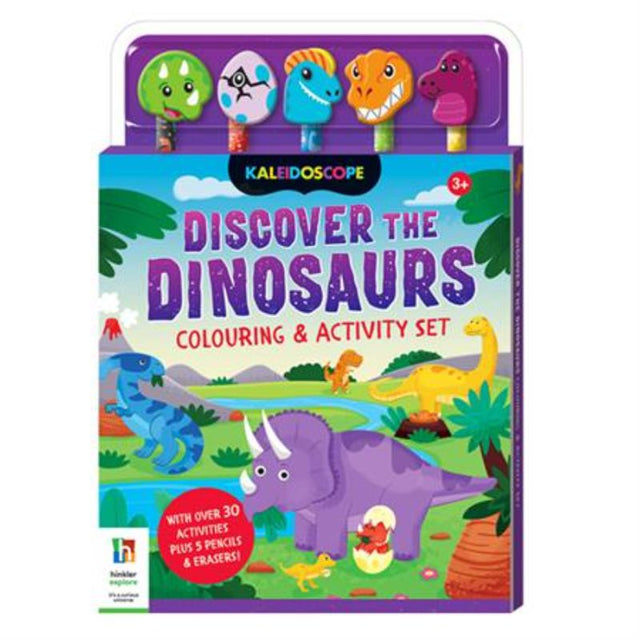 Colouring set featuring 5 dinosaur-themed pencils and illustrated erasers, with a 64-page activity book for creative fun.