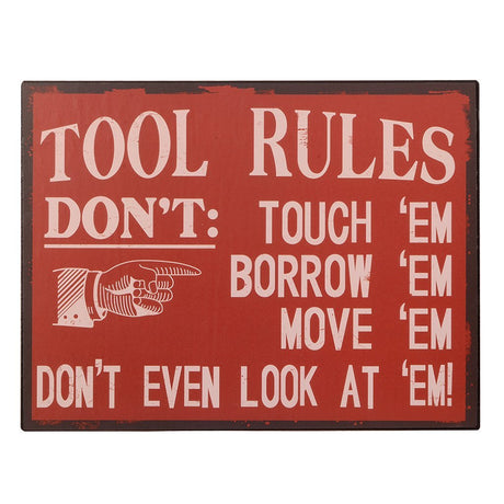 Antique-style Tin Tool Rules Sign for workspace decor, perfect gift for DIY enthusiasts and professionals.