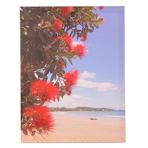 Vibrant canvas wall art featuring a Pohutakawa tree against a sunny beach, perfect for adding summer vibes to any room.