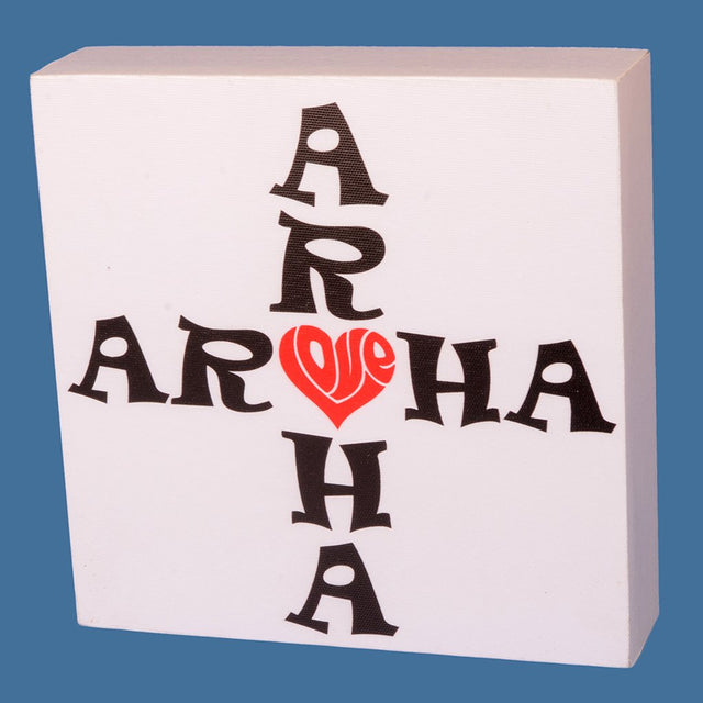 Colorful Canvas Aroha Block (200mm) symbolizing love, suitable for wall mounting or freestanding display in any decor.