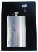 Elegant silver 21st hip flask with a matte finish, engraved '21st Happy Birthday', presented in a stylish gift box.