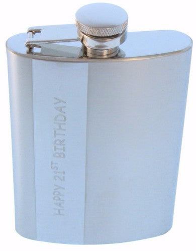 Elegant silver 21st hip flask with a matte finish, engraved '21st Happy Birthday', and includes a filling funnel.