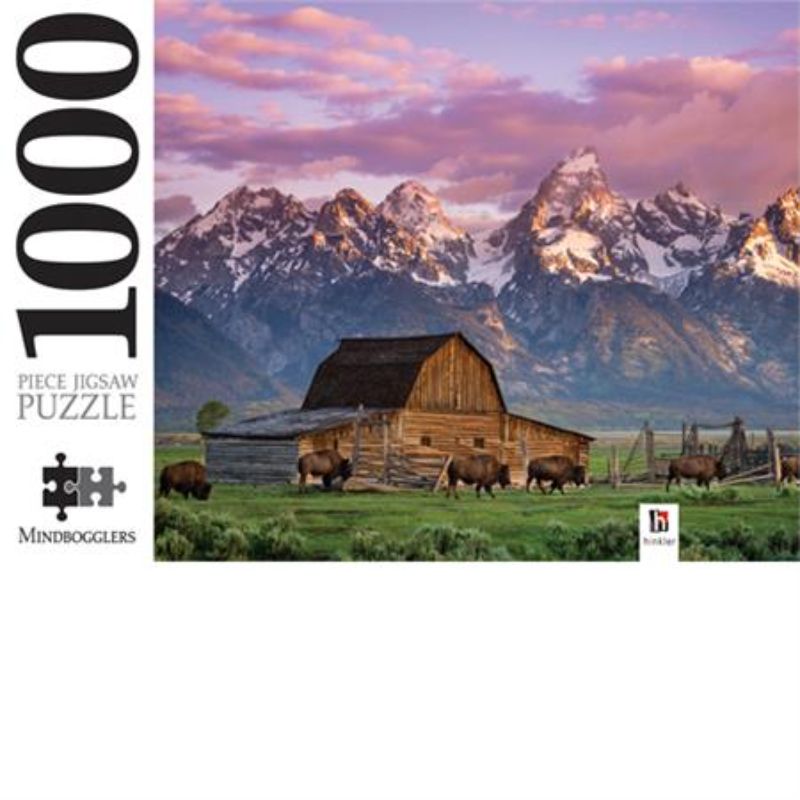 1000-piece jigsaw puzzle featuring Moulton Barn in Wyoming's Grand Teton National Park, perfect for puzzle enthusiasts.