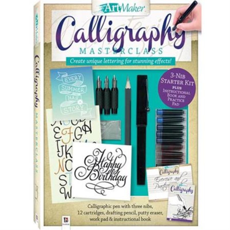 Artmaker Portrait Kits Calligraphy, featuring a calligraphy pen, 12 inks, and an instructional masterclass book for beginners.