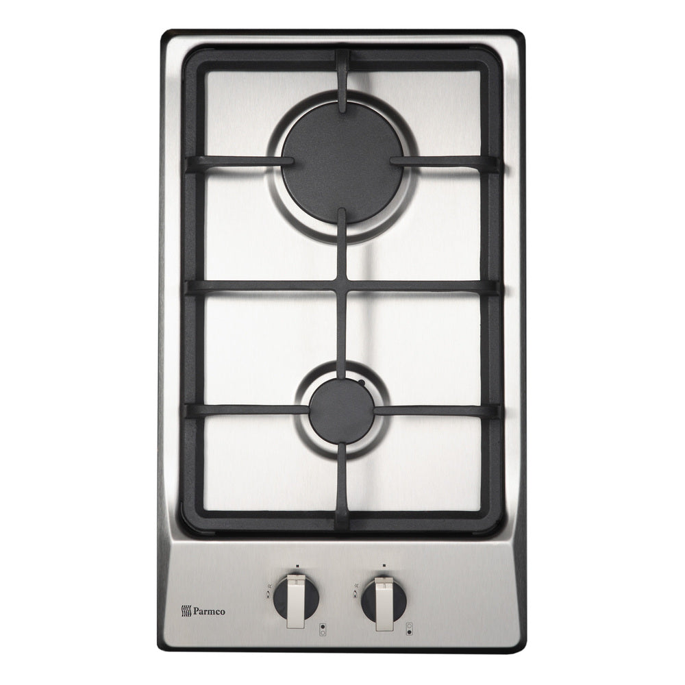 Stainless steel Parmco 300mm gas hob with user-friendly knobs, cast iron trivets, and flame failure protection for safe cooking.