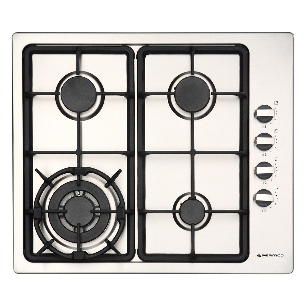 Stainless steel 600mm gas hob with 3 burners and wok burner, featuring durable trivets, automatic ignition, and flame safety.