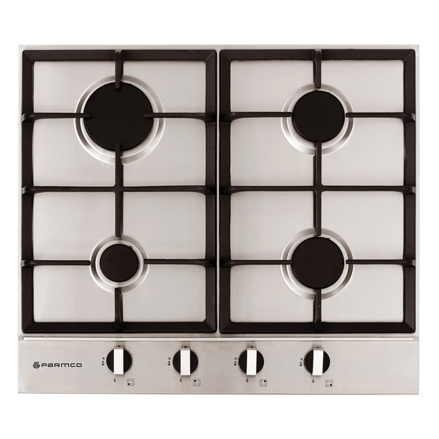 Stainless steel 600mm Parmco gas hob with 4 burners, automatic ignition, and safety features, ideal for home chefs.